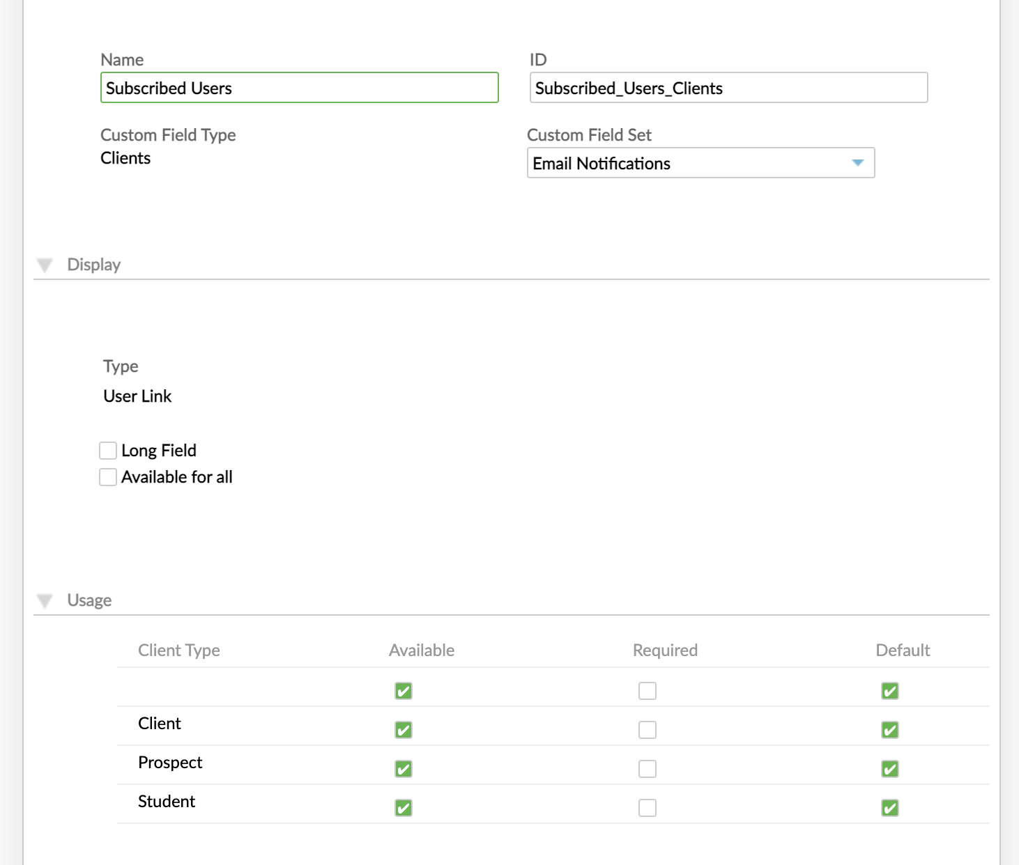 User Link Custom field Definition
